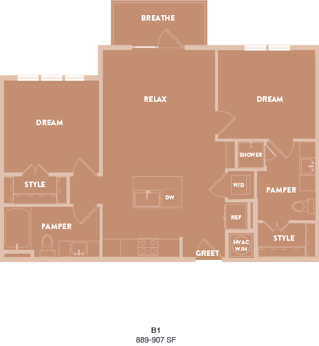 A floor plan of a house with labeled rooms such as "RELAX" and "DREAM".